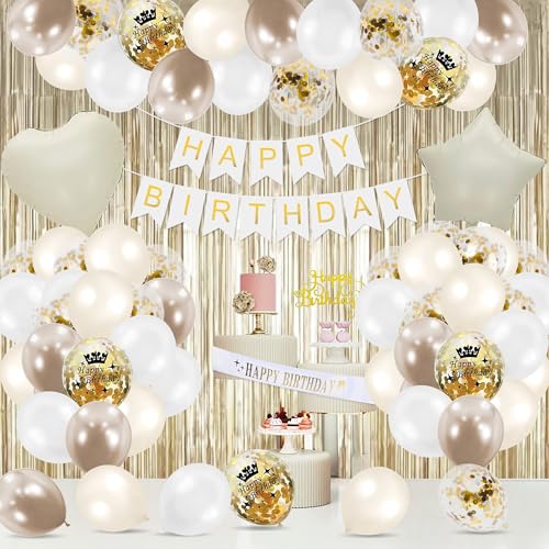 Weiß Gold Geburtstag Dekorationen, Party Decora Happy Birthday Banner, Folienballon Kuchen Topper Golden Fransen Vorhang für Frauen Männer Boho Party Supplies von Auliuse