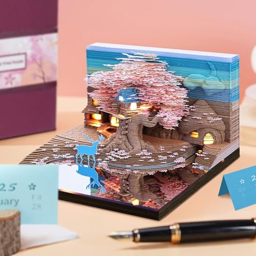 Auniq 2026 Schreibtisch Kalender 3D Notizblock mit Licht, 3D Kirschbaumhaus Wochenkalender 2026 DIY Notizen Papierskulptur 3D Zeitstück Kalender Geschenk für Weihnachten Neujahr Büro/Schule Dekoration von Auniq