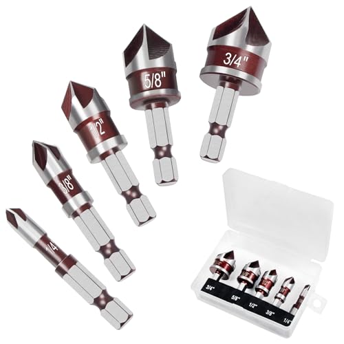 Auniwaig 5-teiliges Kegelsenker-Bohrer-Set, Premium HSS-Bohrer mit 82 Grad, 5 Rillen, 6,35 mm Schnellwechsel-Sechskantschaft, 1/4 Zoll, 3/8 Zoll, 1/2 Zoll, 5/8 Zoll, 3/4 Zoll Größe Senkenbohrer für Auniwaig 5-teiliges Kegelsenker-Bohrer-Set, Premium HSS-Bohrer mit 82 Grad, 5 Rillen, 6,35 mm Schnellwechsel-Sechskantschaft, 1/4 Zoll, 3/8 Zoll, 1/2 Zoll, 5/8 Zoll, 3/4 Zoll Größe Senkenbohrer für von Auniwaig