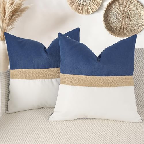 2 Stück marineblaue Juteseil-Kissenbezüge, strukturiert, Patchwork-Kissenbezüge, 50,8 x 50,8 cm, weich, Boho, neutral, dekorative Kissenbezüge für Couch, Bett und Wohnzimmer, Frühling, Bauernhaus 2 Stück marineblaue Juteseil-Kissenbezüge, strukturiert, Patchwork-Kissenbezüge, 50,8 x 50,8 cm, weich, Boho, neutral, dekorative Kissenbezüge für Couch, Bett und Wohnzimmer, Frühling, Bauernhaus von Auomily