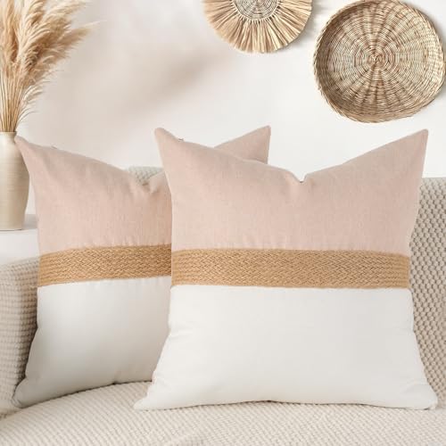 Dekorative Kissenbezüge aus Juteseil, strukturiert, Patchwork, weich, Boho, neutral, dekorative Kissenbezüge für Couch, Bett und Wohnzimmer, Frühling, Bauernhaus, ästhetische Heimdekoration, Khaki Dekorative Kissenbezüge aus Juteseil, strukturiert, Patchwork, weich, Boho, neutral, dekorative Kissenbezüge für Couch, Bett und Wohnzimmer, Frühling, Bauernhaus, ästhetische Heimdekoration, Khaki von Auomily