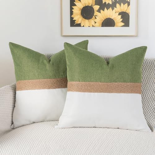 Dekorative Kissenbezüge aus Juteseil, strukturiert, Patchwork, weich, Boho, neutral, dekorative Kissenbezüge für Couch, Bett und Wohnzimmer, Frühling, Bauernhaus, ästhetische Heimdekoration, Hellgrün Dekorative Kissenbezüge aus Juteseil, strukturiert, Patchwork, weich, Boho, neutral, dekorative Kissenbezüge für Couch, Bett und Wohnzimmer, Frühling, Bauernhaus, ästhetische Heimdekoration, Hellgrün von Auomily