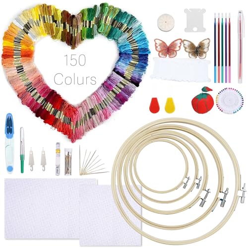 Auped 211 Stück Kit Embroidert, 150 Farben von Faden, 2 Aida-weiße Gewebe, 5 Bambus-Embroidergeräte, Ideal für Erwachsene und Anfänger. von Auped