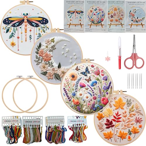 Auped 4-teiliges Stickerei-Set für Anfänger, mit Blumenmuster und Beschreibung, Nadeln und Fäden, für Anfänger und Hobbyisten von Auped