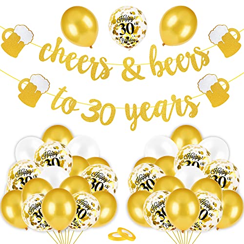 30. Geburtstag Dekoration, "Cheers & Beers to 30 years" Girlande, Luftballons Gold Weiß, 30 Jahr Geburtstag Deko, Ballons Latex Konfetti, 30. Geburtstag Deko für Mann Frau von Aurasky