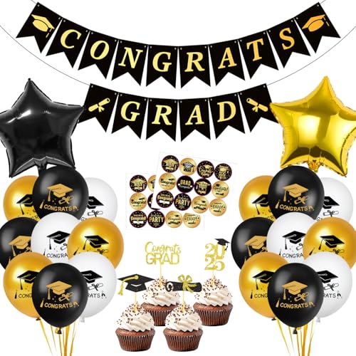 Abitur 2025 Deko, ABI Luftballon, Tortendeko Abitur 2025, Schwarz Gold Ballon mit Congratulations Banner, Abschluss Deko, Abschlussfeier Deko, Graduation Deko von Aurasky