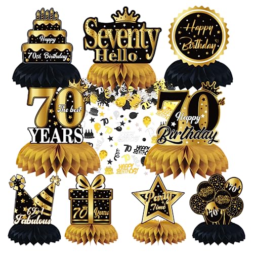 Aurasky 70. Geburtstag Tischdeko Schwarz Gold, 9 Stück Bienenwaben Deko Tischaufsätze Set mit 10g Happy Birthday Konfetti Tischdekoration für Deko 70. geburtstag 70. jährige von Aurasky