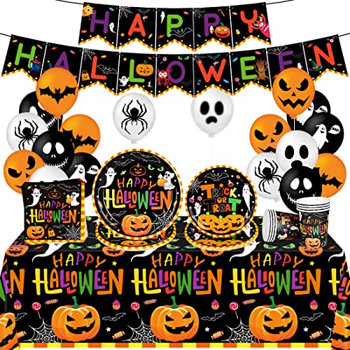 Aurasky Halloween Partygeschirr Set, 64 Stück Halloween Tableware Dekoration, Papier Teller Becher Servietten, Tischdecke Banner Luftballons, Halloween Tischdeko von Aurasky