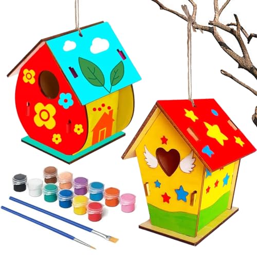 Aurasky Vogelhaus Bausatz Kinder 2 Stück, Bastelset Kinder, Vogelhaus zum Bemalen, DIY Vogelhaus Bausatz, Holz Basteln Kinder, Geschenke für Jungen Mädchen Frühling Ostern Geburtstag von Aurasky