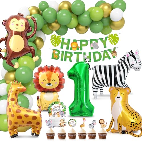 Dschungel Deko 1 Geburtstag, Luftballon 1. Geburtstag, Wild One Geburtstag Deko, Folienballon Waldtiere, Ballons Grün Tortendeko Tiere, Safari Geburtstagsdeko für Mädchen Junge von Aurasky