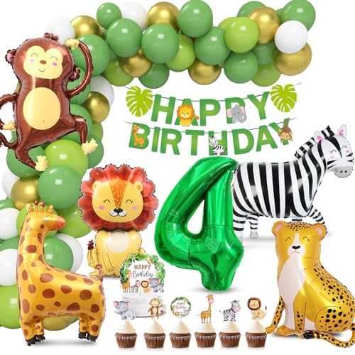 Dschungel Deko 4 Geburtstag, Luftballon 4. Geburtstag, Folienballon Waldtiere, Geburtstagsdeko Wilde Tiere, Ballons Grün Tortendeko Tiere, Safari Geburtstagsdeko für Mädchen Junge von Aurasky