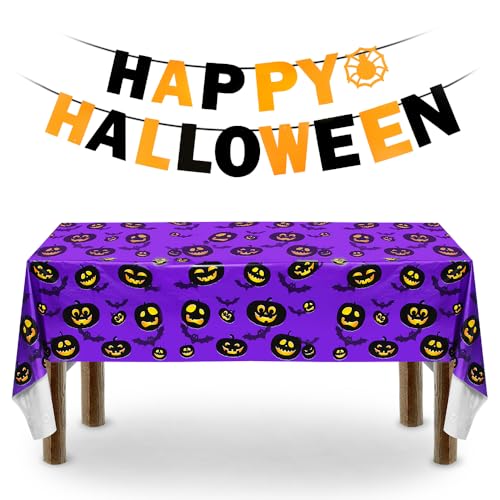 Halloween Tischdecke, 267 x 137 cm Halloween Lila Tischdecke Happy Deko Happy Halloween Banner, Halloween Party Deko Set Gruselige Schläger Tischdekoration, Halloween Dekoration für Haus Tisch Garten von Aurasky