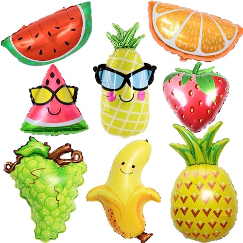 Hawaii Ballons, 8 Stück Folienballon Obst, Frucht Mylar-Ballons, Luftballons Erdbeere Banane Wassermelone Ananas, für Geburtstags Hawaii Party Sommer Strandparty Zubehör von Aurasky