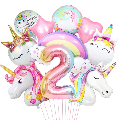 Luftballon Einhorn 2, 3D Folienballon Einhorn, Zahl 2 Folienballon, XXL Unicorn Ballon Set, Luftballon Regenbogen Stern Herz, für Mädchen Geburtstags Festival Party Dekoration von Aurasky