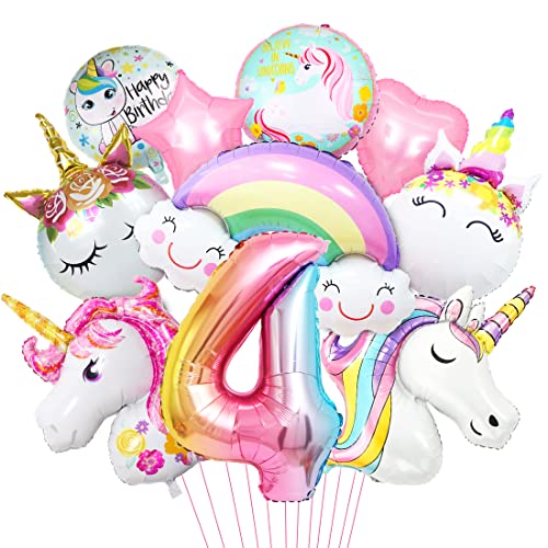 Luftballon Einhorn 4, 3D Folienballon Einhorn, Zahl 4 Folienballon, XXL Unicorn Ballon Set, Luftballon Regenbogen Stern Herz, für Mädchen Geburtstags Festival Party Dekoration von Aurasky