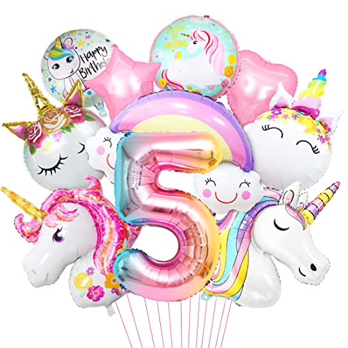 Luftballon Einhorn 5, 3D Folienballon Einhorn, Zahl 5 Folienballon, XXL Unicorn Ballon Set, Luftballon Regenbogen Stern Herz, für Mädchen Geburtstags Festival Party Dekoration von Aurasky