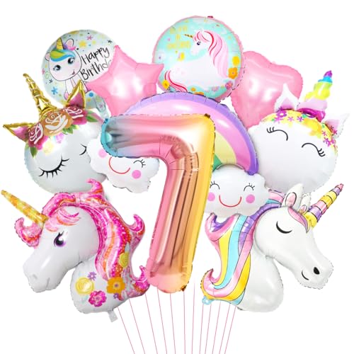 Luftballon Einhorn 7, 3D Folienballon Einhorn, Zahl 7 Folienballon, XXL Unicorn Ballon Set, Luftballon Regenbogen Stern Herz, für Mädchen Geburtstags Festival Party Dekoration von Aurasky