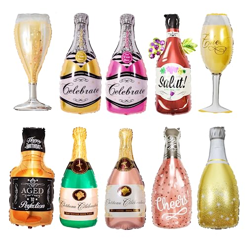 Luftballons Wein Flaschen, 10 Stück Folienballon Champagner, Riesen Ballon Bier Whisky Flasche Weinglas Sektflasche, für Geburtstag Urlaub Hochzeit Party Dekoration von Aurasky