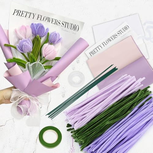 Pfeifenreiniger Blumen Violett Set, Pfeifenputzer zum Basteln, 150 Stück Chenilledraht mit Geschenkpapier Geschenkband, Pipe Cleaner für DIY Handwerk Dekorationen Pfeifenreiniger Blumen Violett Set, Pfeifenputzer zum Basteln, 150 Stück Chenilledraht mit Geschenkpapier Geschenkband, Pipe Cleaner für DIY Handwerk Dekorationen von Aurasky