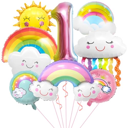 Regenbogen Geburtstagsdeko 1, Folienballon Wolken, Zahl 1 Ballon, Luftballons Wolken Quasten, Helium Ballon Sonne, für Jungen Mädchen Geburtstag Party Dekoration von Aurasky