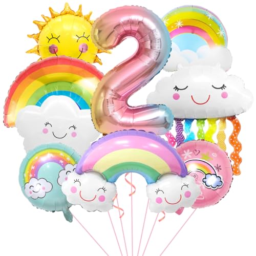 Regenbogen Geburtstagsdeko 2, Folienballon Wolken, Zahl 2 Ballon, Luftballons Wolken Quasten, Helium Ballon Sonne, für Jungen Mädchen Geburtstag Party Dekoration von Aurasky