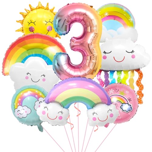 Regenbogen Geburtstagsdeko 3, Folienballon Wolken, Zahl 3 Ballon, Luftballons Wolken Quasten, Helium Ballon Sonne, für Jungen Mädchen Geburtstag Party Dekoration von Aurasky