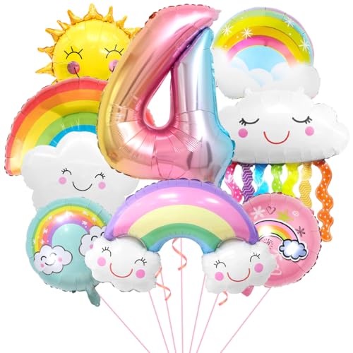 Regenbogen Geburtstagsdeko 4, Folienballon Wolken, Zahl 4 Ballon, Luftballons Wolken Quasten, Helium Ballon Sonne, für Jungen Mädchen Geburtstag Party Dekoration von Aurasky