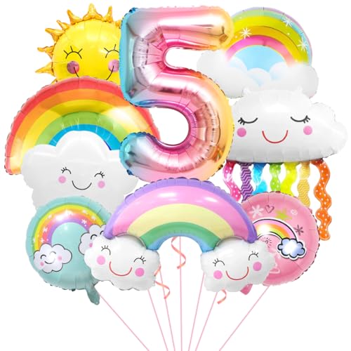 Regenbogen Geburtstagsdeko 5, Folienballon Wolken, Zahl 5 Ballon, Luftballons Wolken Quasten, Helium Ballon Sonne, für Jungen Mädchen Geburtstag Party Dekoration von Aurasky