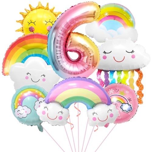 Regenbogen Geburtstagsdeko 6, Folienballon Wolken, Zahl 6 Ballon, Luftballons Wolken Quasten, Helium Ballon Sonne, für Jungen Mädchen Geburtstag Party Dekoration von Aurasky
