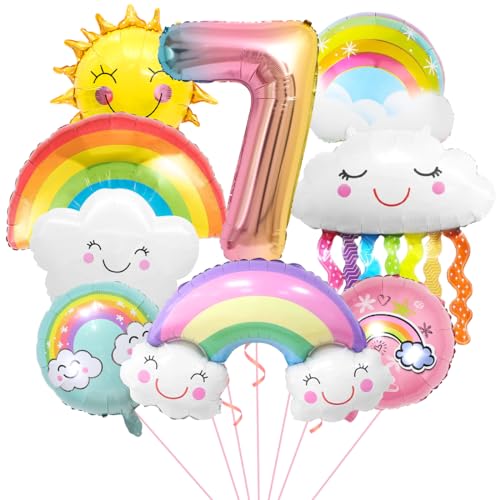 Regenbogen Geburtstagsdeko 7, Folienballon Wolken, Zahl 7 Ballon, Luftballons Wolken Quasten, Helium Ballon Sonne, für Jungen Mädchen Geburtstag Party Dekoration von Aurasky