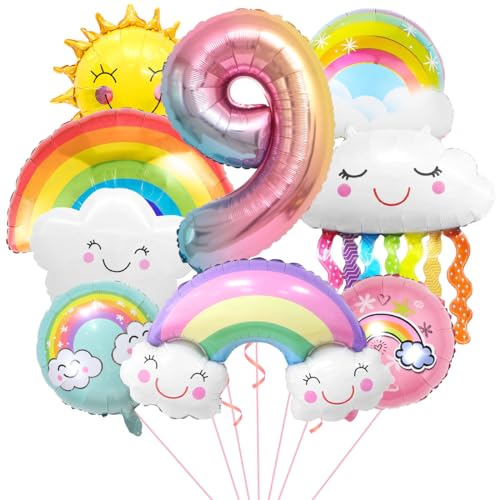 Regenbogen Geburtstagsdeko 9, Folienballon Wolken, Zahl 9 Ballon, Luftballons Wolken Quasten, Helium Ballon Sonne, für Jungen Mädchen Geburtstag Party Dekoration von Aurasky