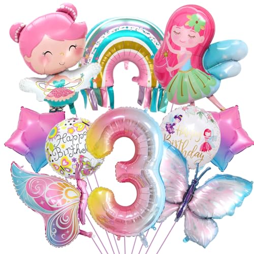 Schmetterling Deko Geburtstag, Luftballon 3. Geburtstag, Feen Geburtstag Deko, Regenbogen Stern Folienballon, für Mädchen Geburtstag Jubiläum Motto Party Dekoration von Aurasky