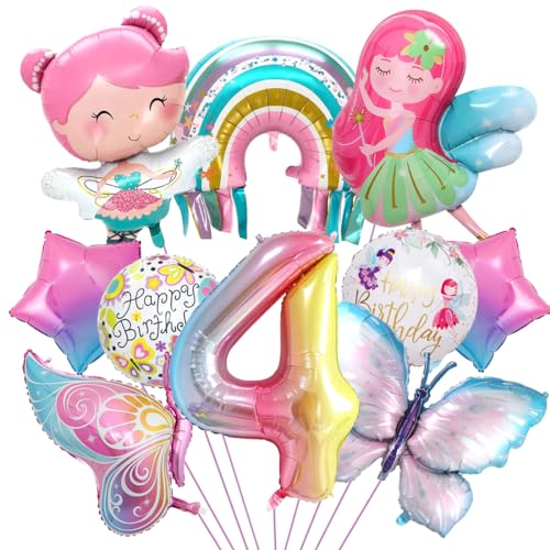 Schmetterling Deko Geburtstag, Luftballon 4. Geburtstag, Feen Geburtstag Deko, Regenbogen Stern Folienballon, für Mädchen Geburtstag Jubiläum Motto Party Dekoration von Aurasky