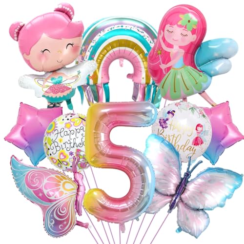 Schmetterling Deko Geburtstag, Luftballon 5. Geburtstag, Feen Geburtstag Deko, Regenbogen Stern Folienballon, für Mädchen Geburtstag Jubiläum Motto Party Dekoration von Aurasky