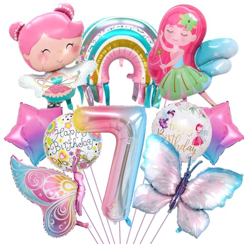 Schmetterling Deko Geburtstag, Luftballon 7. Geburtstag, Feen Geburtstag Deko, Regenbogen Stern Folienballon, für Mädchen Geburtstag Jubiläum Motto Party Dekoration von Aurasky