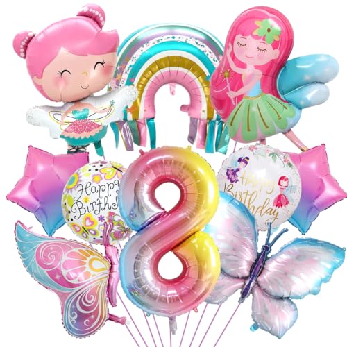 Schmetterling Deko Geburtstag, Luftballon 8. Geburtstag, Feen Geburtstag Deko, Regenbogen Stern Folienballon, für Mädchen Geburtstag Jubiläum Motto Party Dekoration von Aurasky