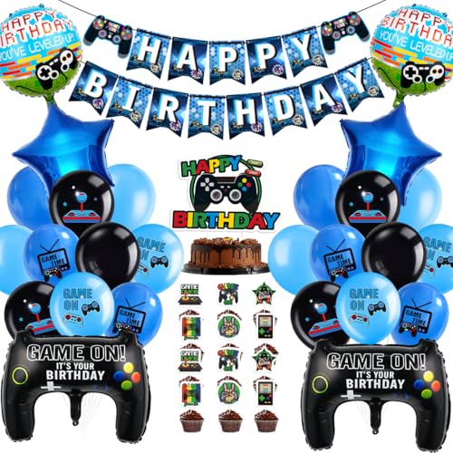 Videospiel Deko Geburtstag, Controller Folienballons, Luftballon Spiel Blau Schwarz mit Tortendeko und Banner, Gamer Geburtstagsdeko, für Junge Spielthemen Party Dekoration Videospiel Deko Geburtstag, Controller Folienballons, Luftballon Spiel Blau Schwarz mit Tortendeko und Banner, Gamer Geburtstagsdeko, für Junge Spielthemen Party Dekoration von Aurasky