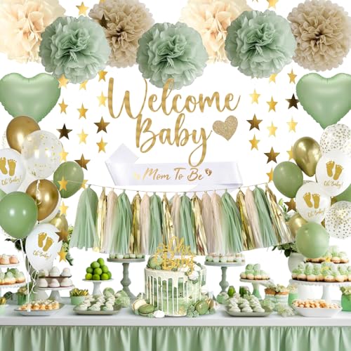 Salbeigrünes Babyparty-Dekorationsset – neutrales Geschlechtsoffenbarungs-Partyzubehör, Willkommens-Banner, Kuchendekoration, Luftballons, Pompons, Blumen, Quasten, Stern-Dekoration für Jungen, Baby Salbeigrünes Babyparty-Dekorationsset – neutrales Geschlechtsoffenbarungs-Partyzubehör, Willkommens-Banner, Kuchendekoration, Luftballons, Pompons, Blumen, Quasten, Stern-Dekoration für Jungen, Baby von Aurasys