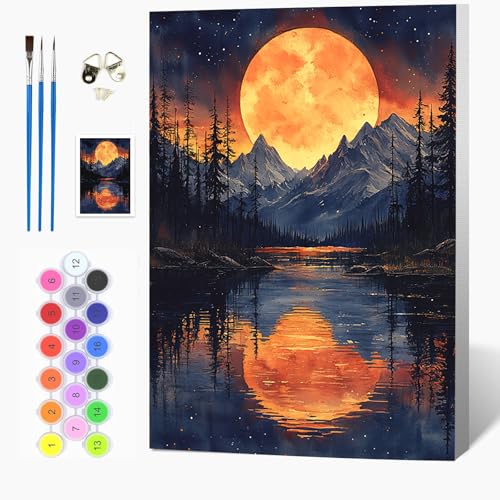 Auremi Berge Malen nach Zahlen Erwachsene Kinder,Landschaft Paint by Numbers Set Mit Ölgemälde für Anfänger mit Holzrahmen 20x30cm DIY Kunstkit Mit 3 Pinseln und Acrylfarbe knitterfreie leinwand Kit von Auremi
