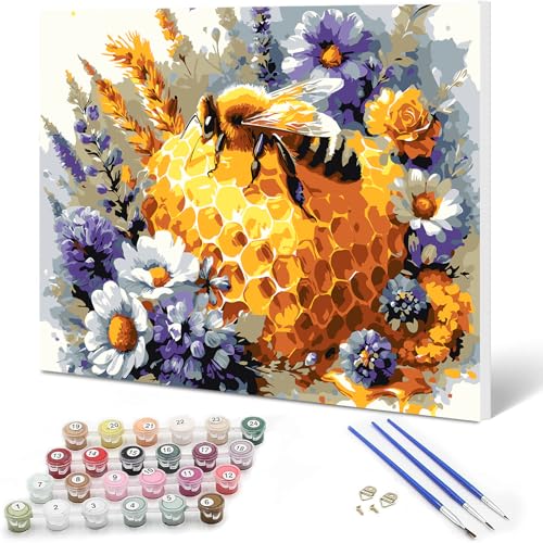 Auremi Biene Blume Malen nach Zahlen Erwachsene & Kinder,Honig Paint by Numbers Set Mit Ölgemälde für Anfänger mit Holzrahmen 20x30cm DIY Kunstkit Mit 3-Pinseln und Acrylfarbe Leinwand Kit Wandkunst von Auremi