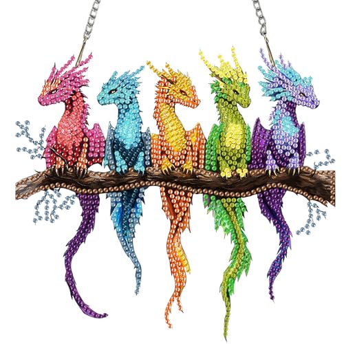Auremi Bunter Drache Diamond Painting Anhänger Set,Tiere Diamant Painting Bilder Hängende Ornament Kits Erwachsene Special Shaped Diamond Art Anhänger DIY Diamond Painting Windspiel Kranz von Auremi