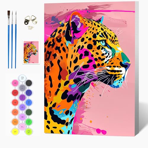 Auremi Bunter Leopard Malen nach Zahlen Set für Erwachsene Kinder mit Holzrahmen,Tiere Paint by Numbers Set Mit Ölgemälde für Anfänger, Leinwand, Pinsel und Farben Wanddekoration 20x30cm von Auremi
