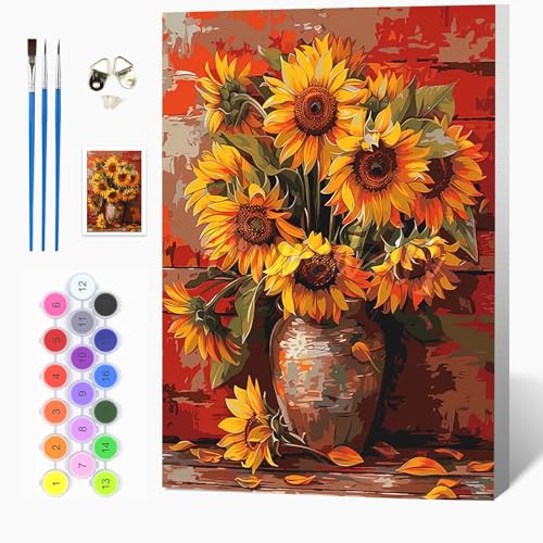 Auremi DIY Sonnenblumen Vase Malen nach Zahlen Set für Erwachsene Kinder mit Holzrahmen,Blumen Paint by Numbers Set Mit Ölgemälde für Anfänger Perfekte Geschenkidee und Wanddekoration 20x30cm von Auremi