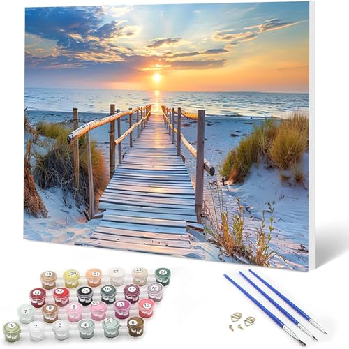 Auremi DIY Strand Malen nach Zahlen Set für Erwachsene Kinder mit Holzrahmen,Landschaft Paint by Numbers Set Mit Ölgemälde für Anfänger DIY Kunstkit Mit 3-Pinseln und Acrylfarbe leinwand Kit 20x30cm von Auremi