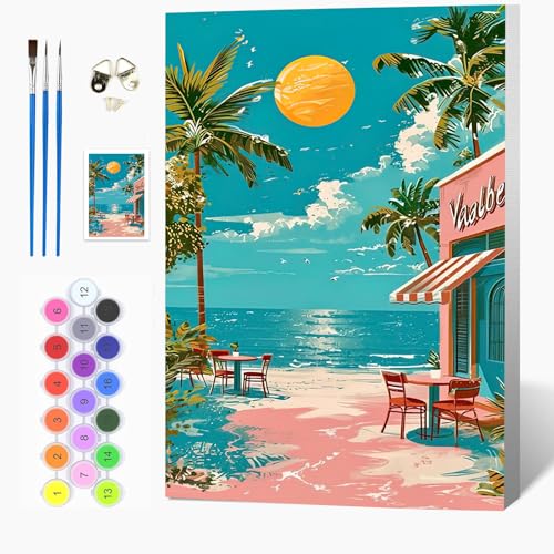 Auremi DIY Strand Malen nach Zahlen Set für Erwachsene Kinder mit Holzrahmen,Landschaft Paint by Numbers Set Mit Ölgemälde für Anfänger Perfekte Geschenkidee und Wanddekoration 20x30cm von Auremi