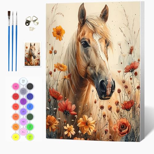Auremi Pferd Blumen Malen nach Zahlen Set für Erwachsene Kinder mit Holzrahmen,Tiere Paint by Numbers Set Mit Ölgemälde für Anfänger, Leinwand, Pinsel und Farben Wanddekoration 20x30cm von Auremi