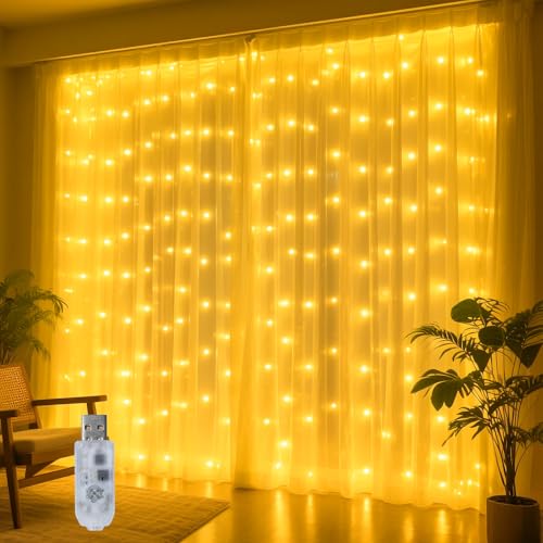 Aurevita Vorhanglichter 300 LEDs, Weihnachts Lichtervorhang Warmweiß mit Timer und 8 Modi, 5V/2A USB Lichterkette für Schlafzimmer, Wand, Party & Weihnachtsdeko Innen (ohne Fernbedienung) von Aurevita
