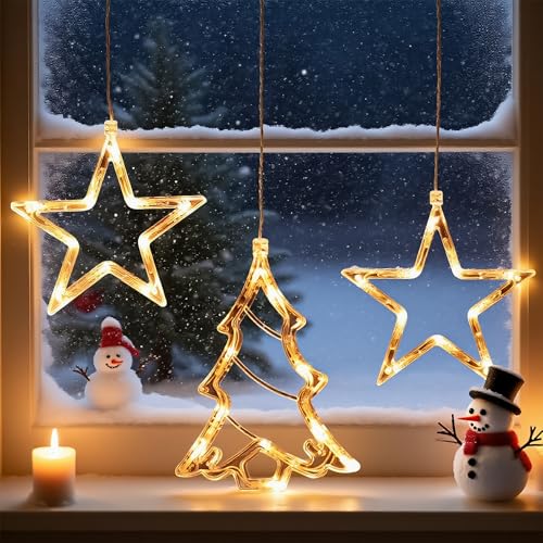 Aurevita Weihnachtsdeko Fenster Lichter, 3er Set LED Fensterlichter-Fünfzackiger Stern*2PCS, Weihnachtsbaum*1PC, AAA Batteriebetrieb, Timer, Saugnapf Fensterschmuck für Innen, Ohne Batterie Aurevita Weihnachtsdeko Fenster Lichter, 3er Set LED Fensterlichter-Fünfzackiger Stern*2PCS, Weihnachtsbaum*1PC, AAA Batteriebetrieb, Timer, Saugnapf Fensterschmuck für Innen, Ohne Batterie von Aurevita