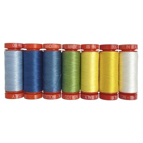 Sunny Skies by Jill Finley 7 kleine Spulen, 100 % Baumwolle, 50 W, ideal für Handstickerei, Quilten, Ziernähen, hergestellt in Italien von Aurifil