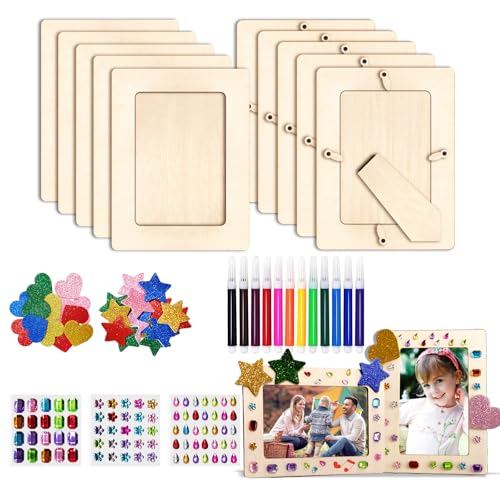 Aurinovellia Bilderrahmen Holz Set 10 Stück, DIY Bastelset mit 3 Sorten Glitzersteinen & 3D Sternstickern, Holzbilderrahmen, Holzrahmen Leerrahmen zum Bemalen für Kinder Geburtstage 20x14.8cm von Aurinovellia